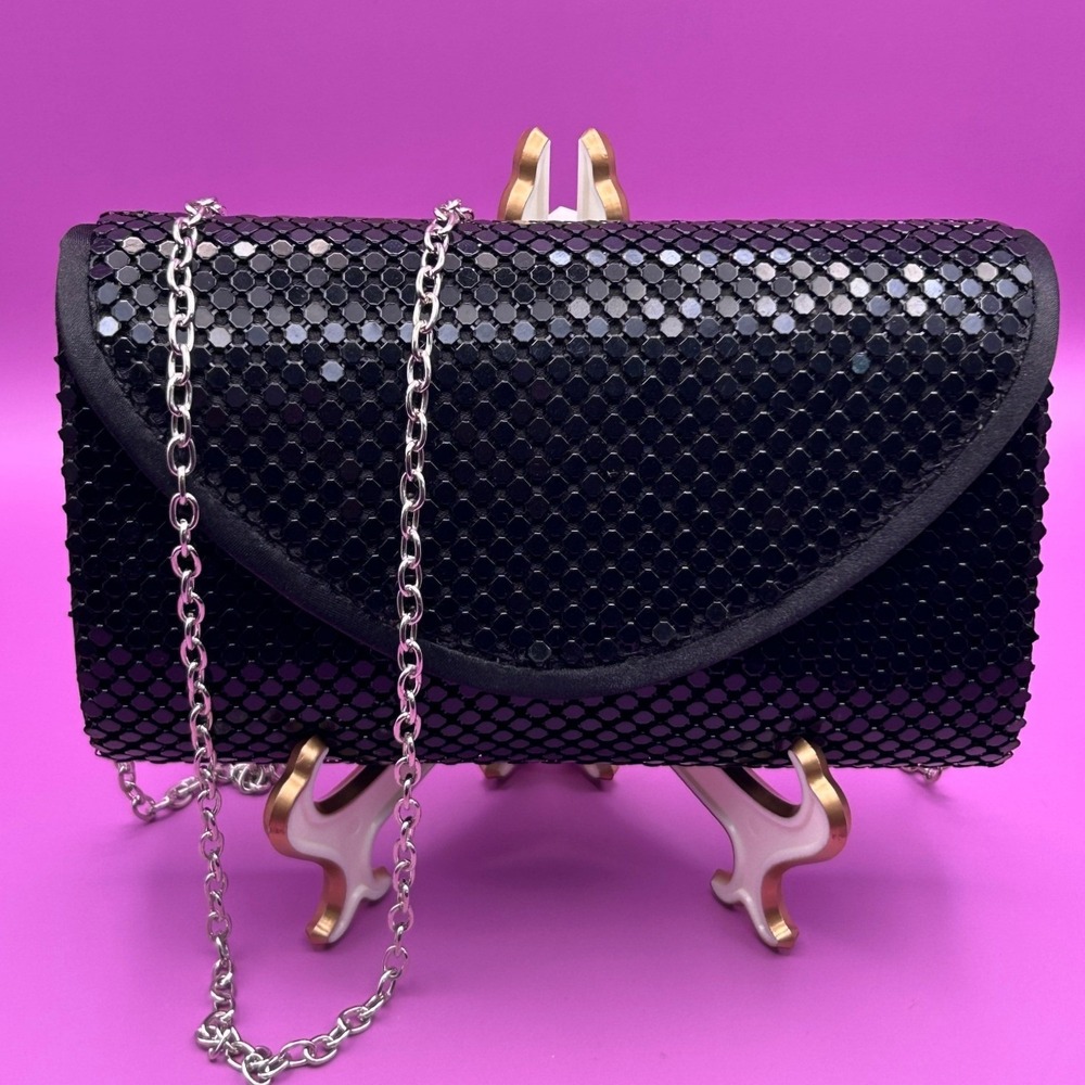 Lulu Townsend Black Mesh Evening Clutch Bag with Detachable Chain Strap - Picture 11 of 11
